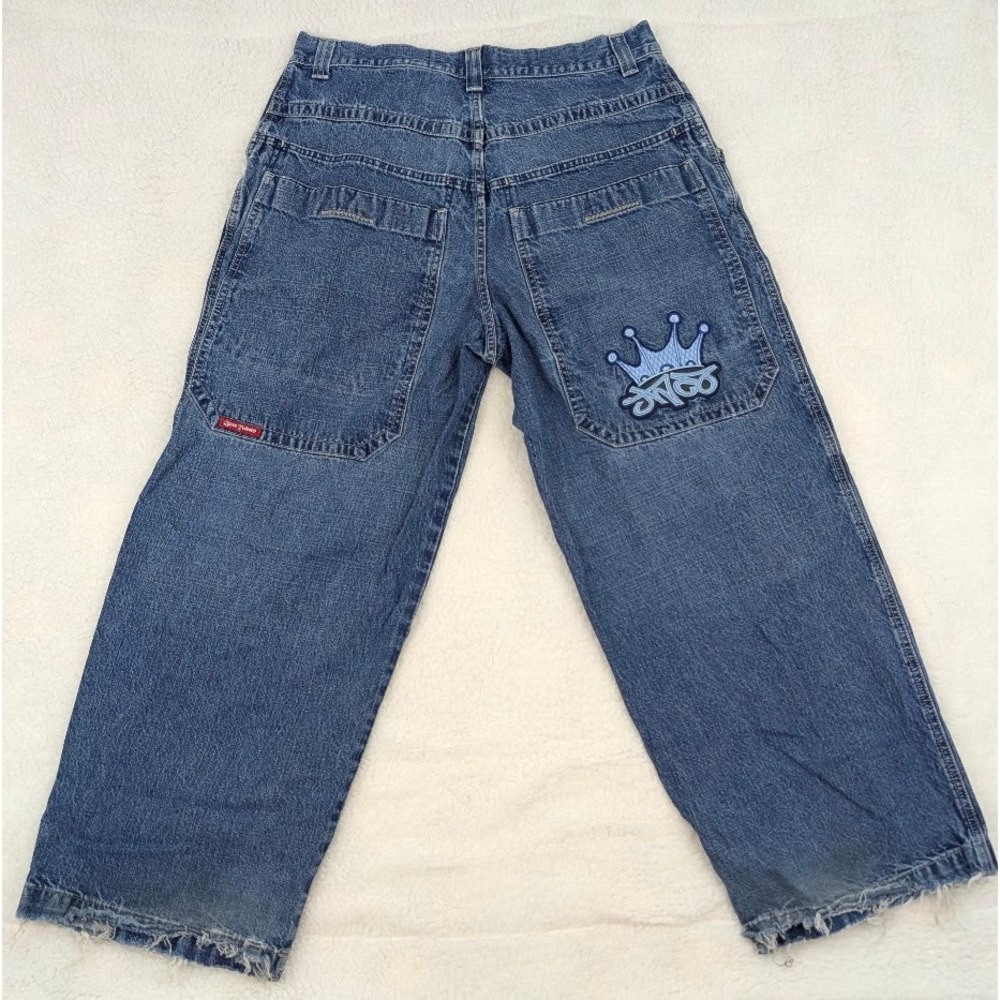 Vintage 90s Y2K JNCO Jeans Blue Crown Tribal Double Pocket Baggy Wide Leg 36x30